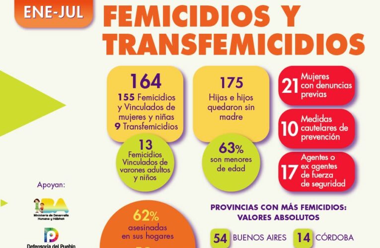 Desde enero a julio se cometieron 155 femicidios, 9 transfemicidios y 13 femicidios vinculados de varones en Argentina