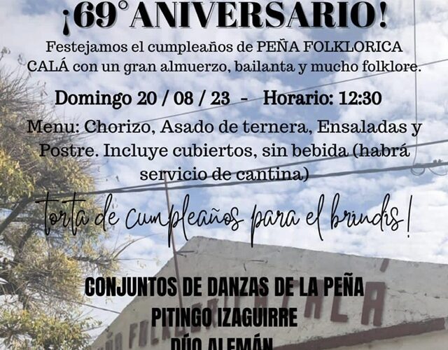 Camino a los 70 la Peña Folclórica Calá celebrará con un almuerzo su 69º aniversario